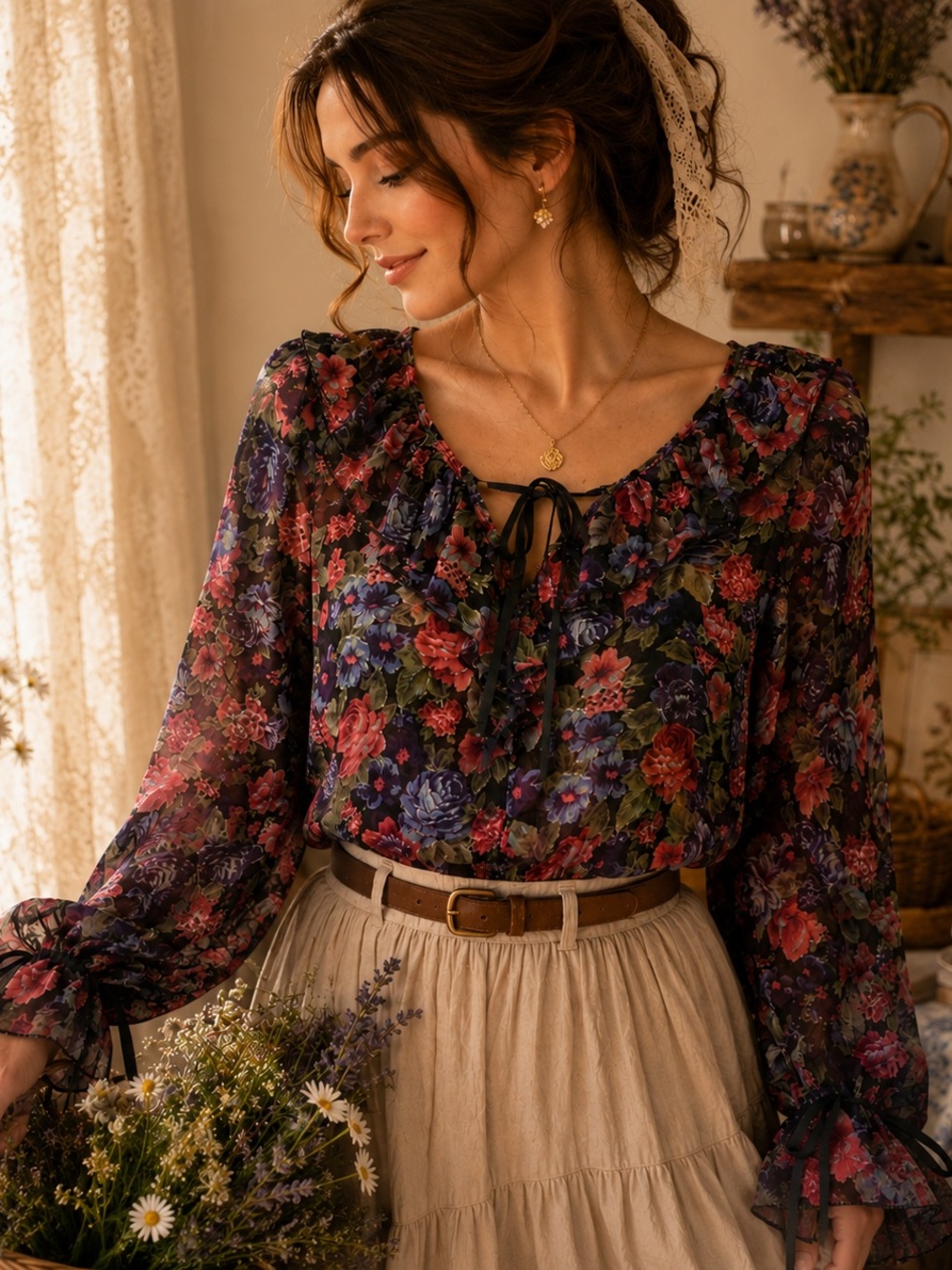 CFTC Studio Sheer Floral Cottagecore Blouse | Romantic Ruffle Tie Front Top